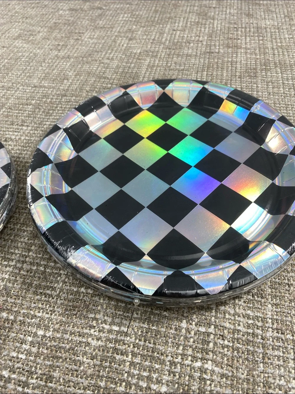 Holographic Black Checkered Paper Plates - Set of 2